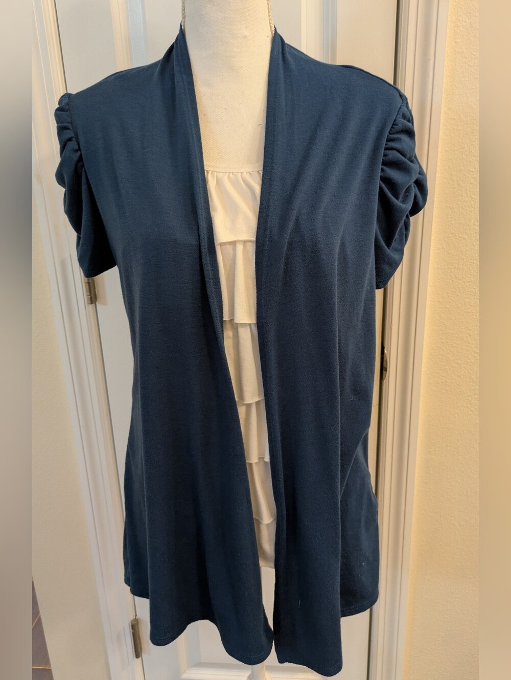 AB Studio Women's Layered Look Mock Cardigan Top Navy Cream Small